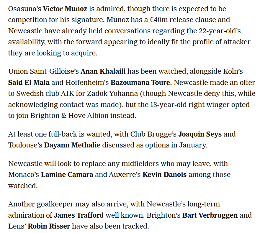 wasimebrahim's tweet photo. An interesting list of players Newcastle Utd are apparently interested according to the Athletic. It is exciting seeing us target young players with a high ceiling instead of premier league proven, which clearly did not work well last time.#nufc https://t.co/xsSsnJ2YJs