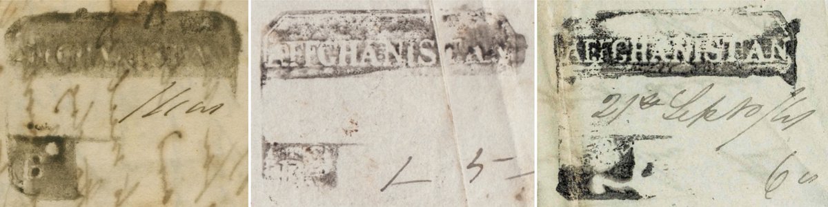 abhuwalka's tweet photo. 1/2 For some reason, experts of Afghanistan philately, and the First Anglo-Afghan War 1838-42 think that there are just two letters existing which bear the 'AFFGHANISTAN/B' intaglio handstamp applied in 1841 in Kabul. https://t.co/MLJdaxS1tw