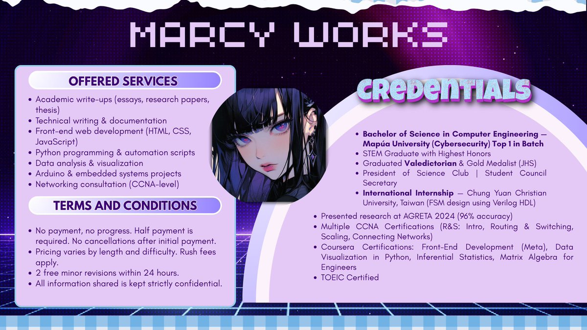 WorksbyMarcy's tweet photo. Got a problem? Hand it over. I’m an engineer, solving things is literally my degree. 🎓

Hi! I’m Marcy, a BS Computer Engineering graduate from Mapúa University and a STEM Honors graduate. I can help you with this!

💸 Rate: Php 350
Vouches: #PbMarVouches #MarcyWorks
✅ All outputs are confidential, well-structured, and delivered on time.
