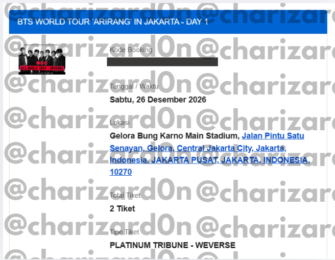 charizard0n's tweet photo. #WTS BTS ARIRANG TOUR JAKARTA DAY 1 (WEVERSE MEMBERSHIP) 

Alesan jual karena udah secure tiket section lain

2 TIX - Platinum Tribune
DAY 1 - 26 DES 2026

IDR 8jt/tix (nego), serious buyer only

DM if interested

#BTS_WORLDTOUR_ARIRANG_JAKARTA https://t.co/McPHhecisR