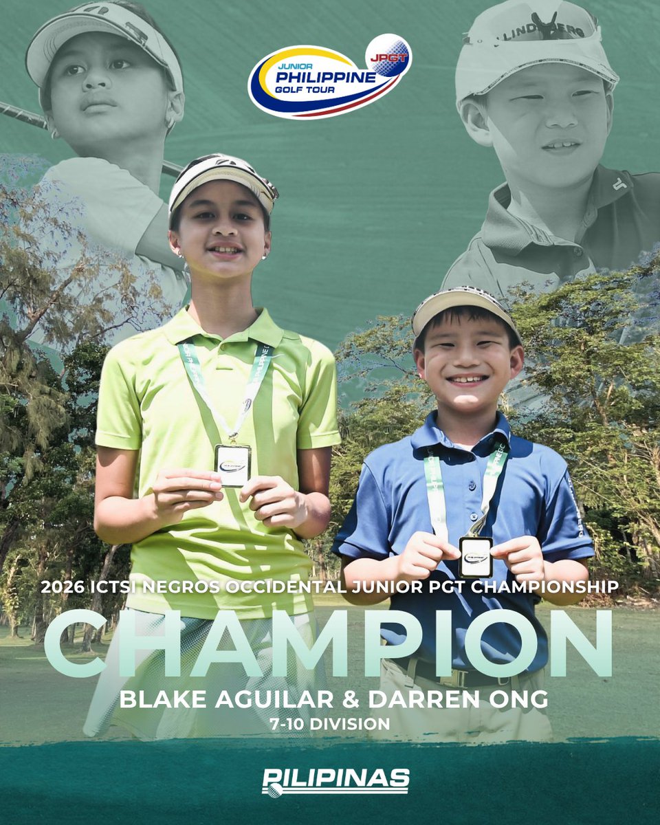 PhilGolfTour's tweet photo. 𝗖𝗥𝗢𝗪𝗡𝗘𝗗 𝗜𝗡 𝗧𝗛𝗘 𝗖𝗜𝗧𝗬 𝗢𝗙 𝗦𝗠𝗜𝗟𝗘𝗦 😊

Negros was all smiles as young golfers battled their way to the top and claimed championship in the 7–10 and 11–14 divisions.

Congratulations, champions!

#JuniorPGTinNegros #ICTSIGolf https://t.co/9tlaHnIwfH