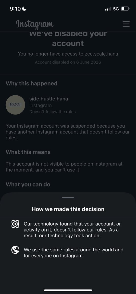 Hanadahmouche's tweet photo. MAKE THIS GO VIRAL 

@Meta 
Stop using your “technology” banning accounts for no reason creators are tired !

 need a real HUMAN to fix that @instagram @mosseri you see us stop acting blind ! https://t.co/pZuwBUD76y