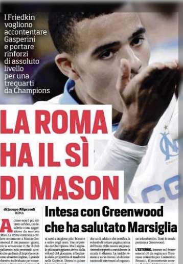 Guillaumemp's tweet photo. CorSport : Accord de principe entre Mason #Greenwood et la Roma pour un salaire supérieur aux 4M nets/an (plus bonus) et progressif au fil des années. L'attaquant est fasciné à l'idée de rejoindre l'équipe de Gasperini. Les intermédiaires missionnés par le club travaillent sans relâche en coulisses dans l'attente de la nomination de Tony D'Amico au poste de directeur sportif. La Roma aimerait boucler rapidement ce dossier. L'#OM réclame 55M bonus compris, la première offre pourrait être de 40M avec les bonus.
