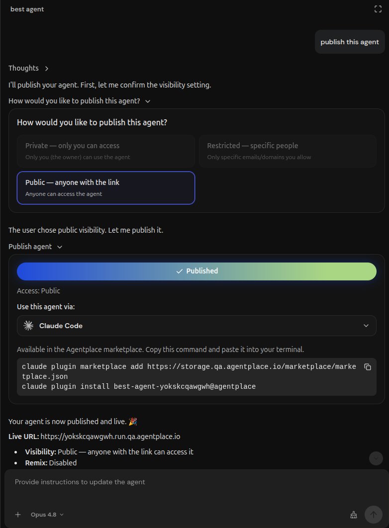 kaysin24343's tweet photo. At Agentplace we're building a platform for developing and publishing AI agents fast.

Now I'm on the publishing side: you ask the builder to publish, it lands in our plugin marketplace, one command to install it in Claude Code.

Shipping to prod soon. How do you like it? https://t.co/S5IPmLg6sl