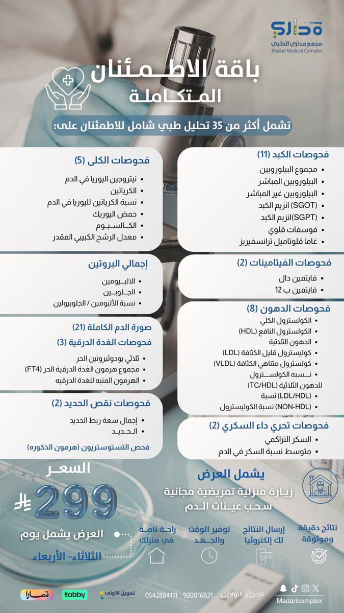 madaricomplex's tweet photo. تعب مستمر، تساقط شعر ، أو دوخة؟ 🤔
جسمك يعطيك إشارات !!
وقد تكون علامة لِـ #نقص_الفيتامينات ✨
اطمن على #صحتك مع باقة الاطمئنان المتكاملة ب 299 ريال بس! 
تشمل أكثر من 35 تحليل (فيتامينات, دهون، سكر، وظائف كبد وكلى) مع #زيارة_منزلية مجانية🔥
لسحب العينات💉
 🏠ارتاح بمنزلك ونحن نجيك بالوقت اللي يناسبك

#مجمع_مداري_الطبي#الأحساء
