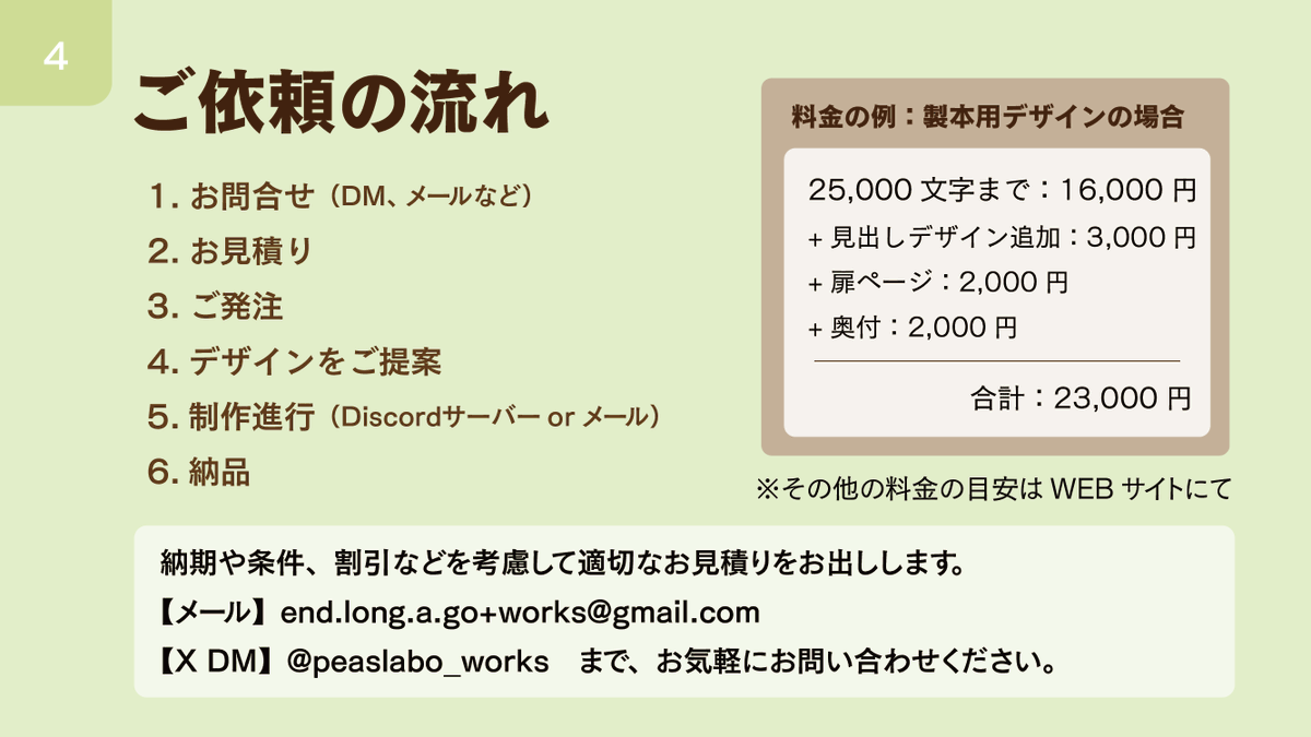 peaslabo_works's tweet photo. 🎲TRPGの組版･紙面デザインDTPご依頼受付中 📚

👀もっと見やすく、楽しく、伝わりやすく
大切な作品を一緒にお仕立ていたします🪄

シナリオ、ルールブック、リプレイetc
システム不問で承ります🌱

🍏作例、料金目安｜サイト
https://t.co/FxJjboW0Jc
🍎お見積もりフォーム
https://t.co/ktz6rjak1Q https://t.co/2xicXpaKcu