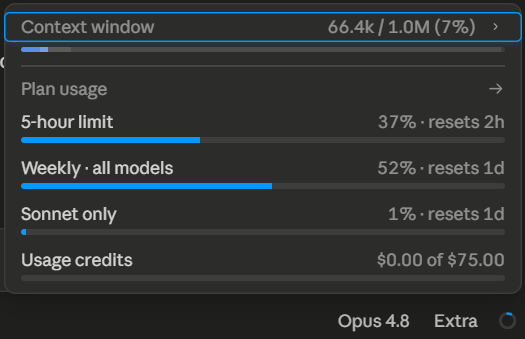 lastonetocode's tweet photo. Picked plain Opus 4.8 in the Claude Code desktop app. Not the 1M context version.

It hands me 1M anyway — 66k / 1.0M staring back at me.

So the context-window choice just… doesn't stick? Anyone else hitting this, or is there a fix I'm missing? https://t.co/yGBDT4TSL2