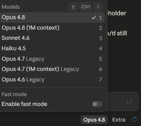 lastonetocode's tweet photo. Picked plain Opus 4.8 in the Claude Code desktop app. Not the 1M context version.

It hands me 1M anyway — 66k / 1.0M staring back at me.

So the context-window choice just… doesn't stick? Anyone else hitting this, or is there a fix I'm missing? https://t.co/yGBDT4TSL2