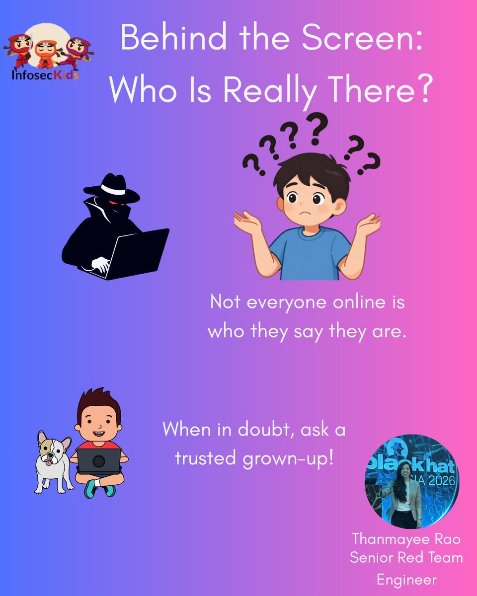 infoseckids's tweet photo. Day40 of #101DaysOfCyberSafetyForKids
 
"Not everyone online is who they say they are."
 If a chat makes you uncomfortable, leave and tell a trusted adult - Advice from Thanmayee Rao

#CyberSafety  #InfoSecKids  #KidsOnlineSafety #CyberAwareness #DigitalSafety https://t.co/6NRhEahjWl