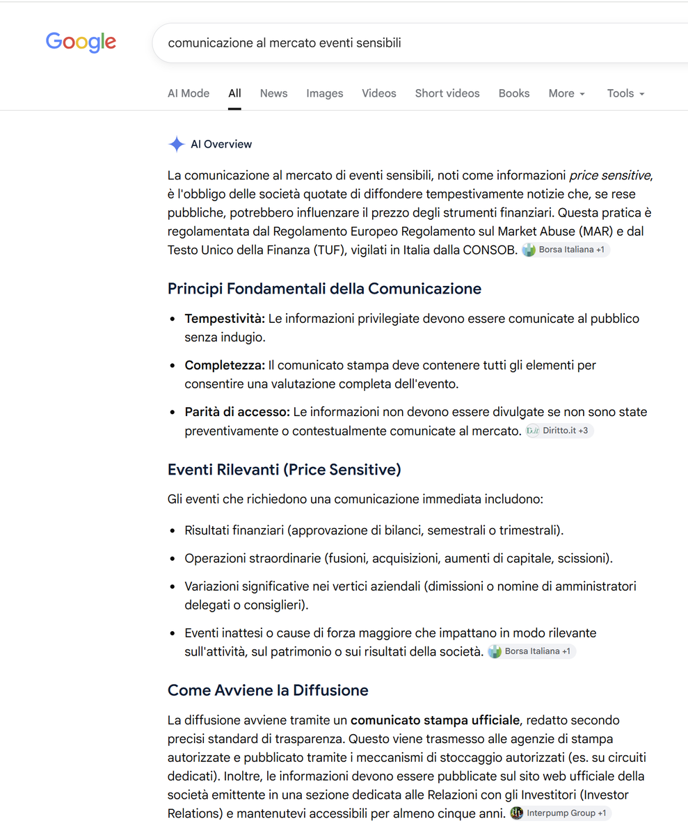 settime2588's tweet photo. Non conosco nei dettagli le normative italiane sulle comunicazioni degli eventi rilevanti per società quotate.
Ho chiesto a Google Gemini di ricapitolarmi la normativa e ho chiesto conferma ad un dottore commercialista che il riassunto fosse corretto.
Ha confermato.
Qui sotto il risultato.
Vedete voi.