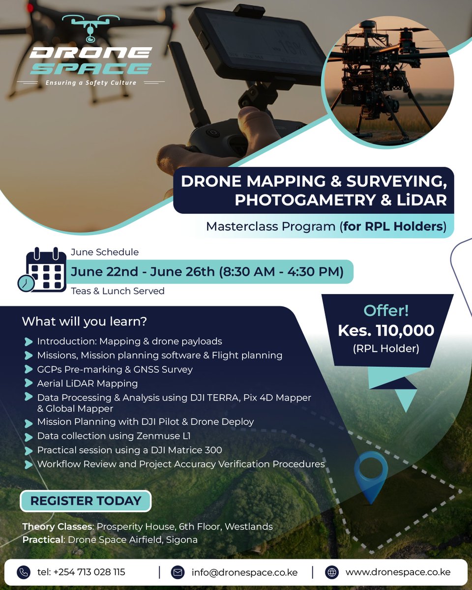 DroneSpaceKenya's tweet photo. Turn data into powerful insights 🌍📊
Join our Mapping & Survey Course and learn how to capture, process, and analyze aerial data for real-world applications—from land surveys to construction planning.
#DroneMapping #Surveying #Geospatial #AerialData #GIS #DroneTraining https://t.co/XwgqhTCNPB
