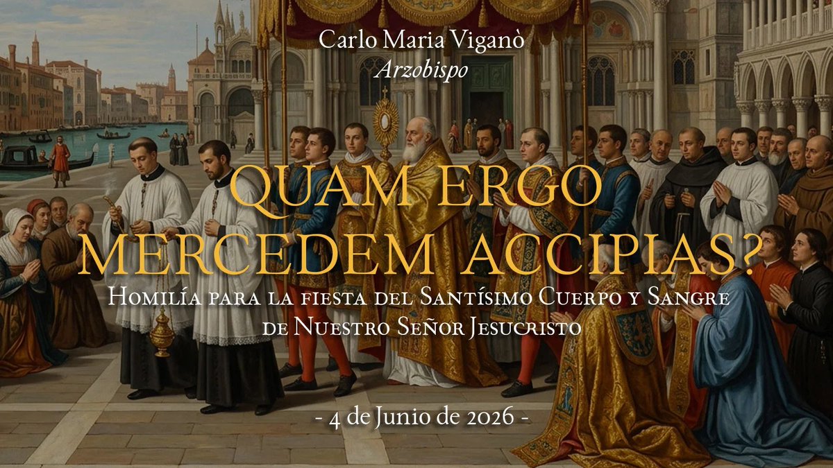 CarloMVigano's tweet photo. «La revolución conciliar destruyó la Misa católica; eliminó el respeto al Tremendum ac vivificum Sacramentum; impuso la administración sacrílega de la Comunión en la mano y de pie; oscureció el dogma de la Presencia Real; confinó el Tabernáculo a un rincón de la iglesia, demolió altares y balaustradas; indujo a los fieles a considerar al Rey Eucarístico como un símbolo de fraternidad humana, como un pretexto para la auto-celebración de la comunidad; ha vaciado seminarios e iglesias, descristianizado la sociedad y demolido la fe católica.
Pero si la Iglesia conciliar y sinodal tolera e incluso fomenta las liturgias más irreverentes y autoriza la Comunión a los indignos en estado de pecado público en nombre de la inclusión y del diálogo, esa misma amplitud y comprensión no tienen cabida para los católicos, reducidos a mendigar una Misa celebrada dignamente por un sacerdote que cree en ella, como si fuera una excentricidad digna de compasión,  si no es indicio de sedición peligrosa.»
https://t.co/yzzvyGSXda
