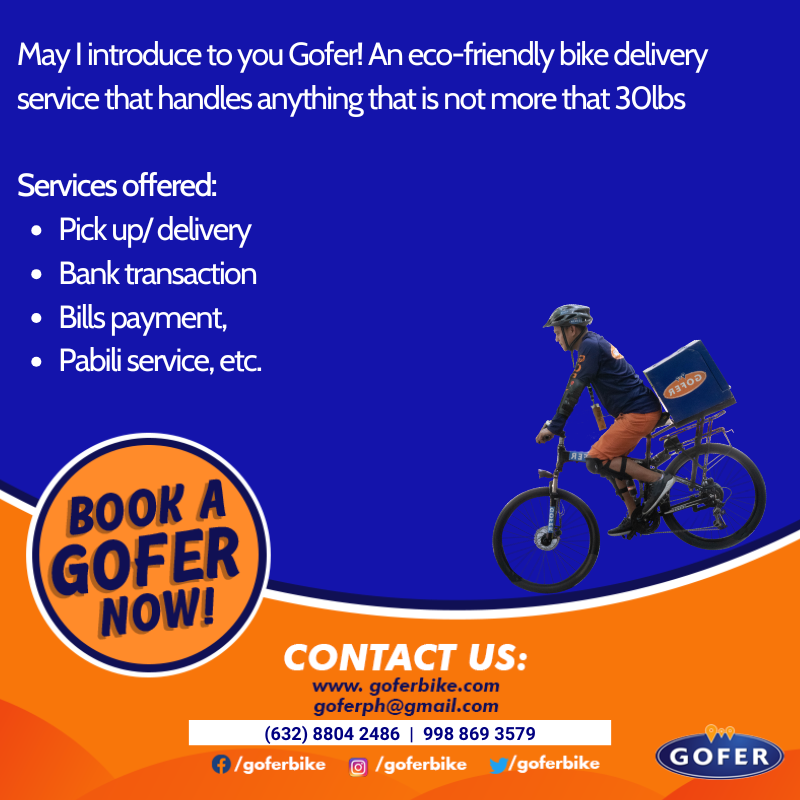 GoferBike's tweet photo. Need help with your errands? 
Meet Gofer – an eco-friendly bike delivery service for items up to 30 lbs!

✅ Pick-up &amp; Delivery
✅ Bank Transactions
✅ Bills Payment
✅ Pabili Service
✅ And More!

#GoferPH #EcoFriendlyDelivery #BikeDelivery #ErrandService #GoGreenWithGofer https://t.co/gqqWH2f8aF