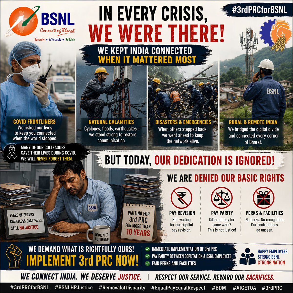 BDM_BSNL's tweet photo. BSNL employees delivered, now policymakers must deliver.
Implement 3rd PRC &amp; end unfair pay gap.
 
#3rdPRCforBSNL #WaiveAffordabilityClause #SupportBSNLGrowth
@PMOIndia @PemmasaniOnX @DoT_India @CMDBSNL https://t.co/vzfdu3N07B