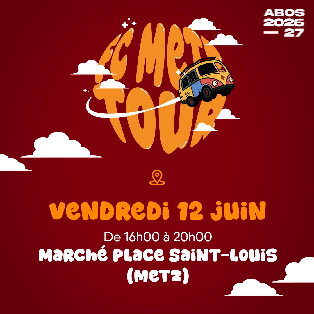 FCMetz's tweet photo. 𝗙𝗖 𝗠𝗘𝗧𝗭 𝗧𝗢𝗨𝗥

Nos équipes billetterie seront Place Saint-Louis, à Villerupt et à Forbach ce week-end !

On espère vous y voir nombreux ! ❤️‍🔥