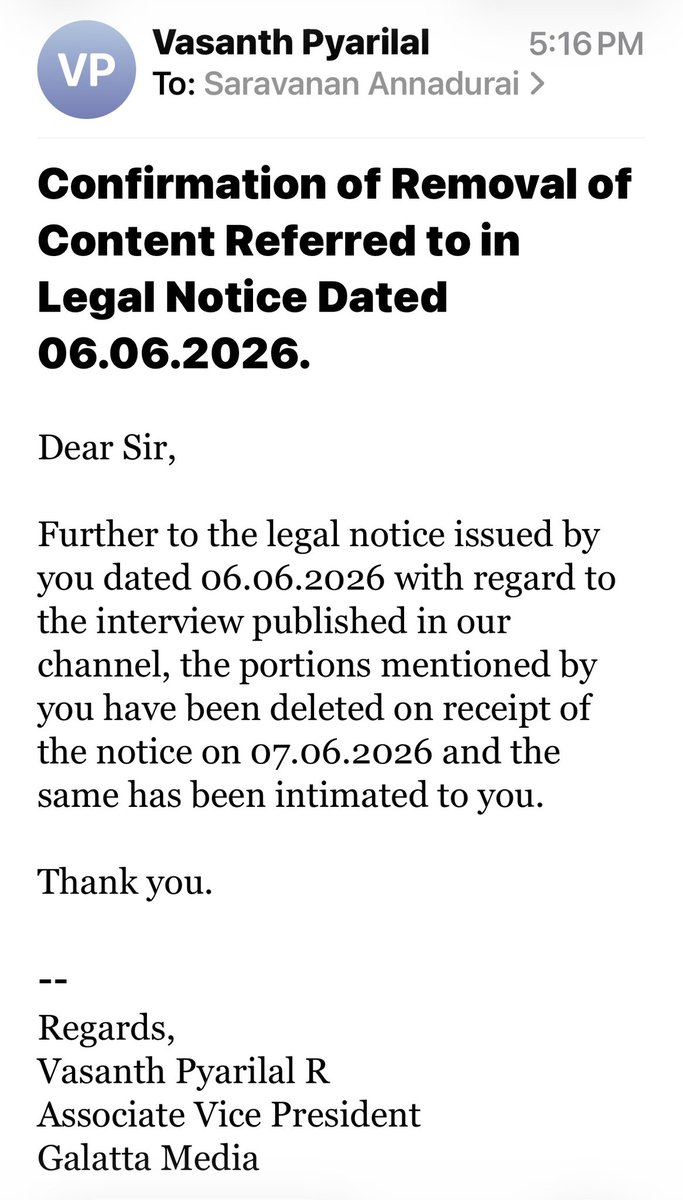 saravofcl's tweet photo. Dear Friends,  @galattadotcom has replied to our legal notice today  and informed us officially that they have removed the offending content. TVK MLA Mrs. M.R. Pallavi made baseless and false accusations against DMK cadres, that they were responsible for the power cuts. 

We will proceed further.