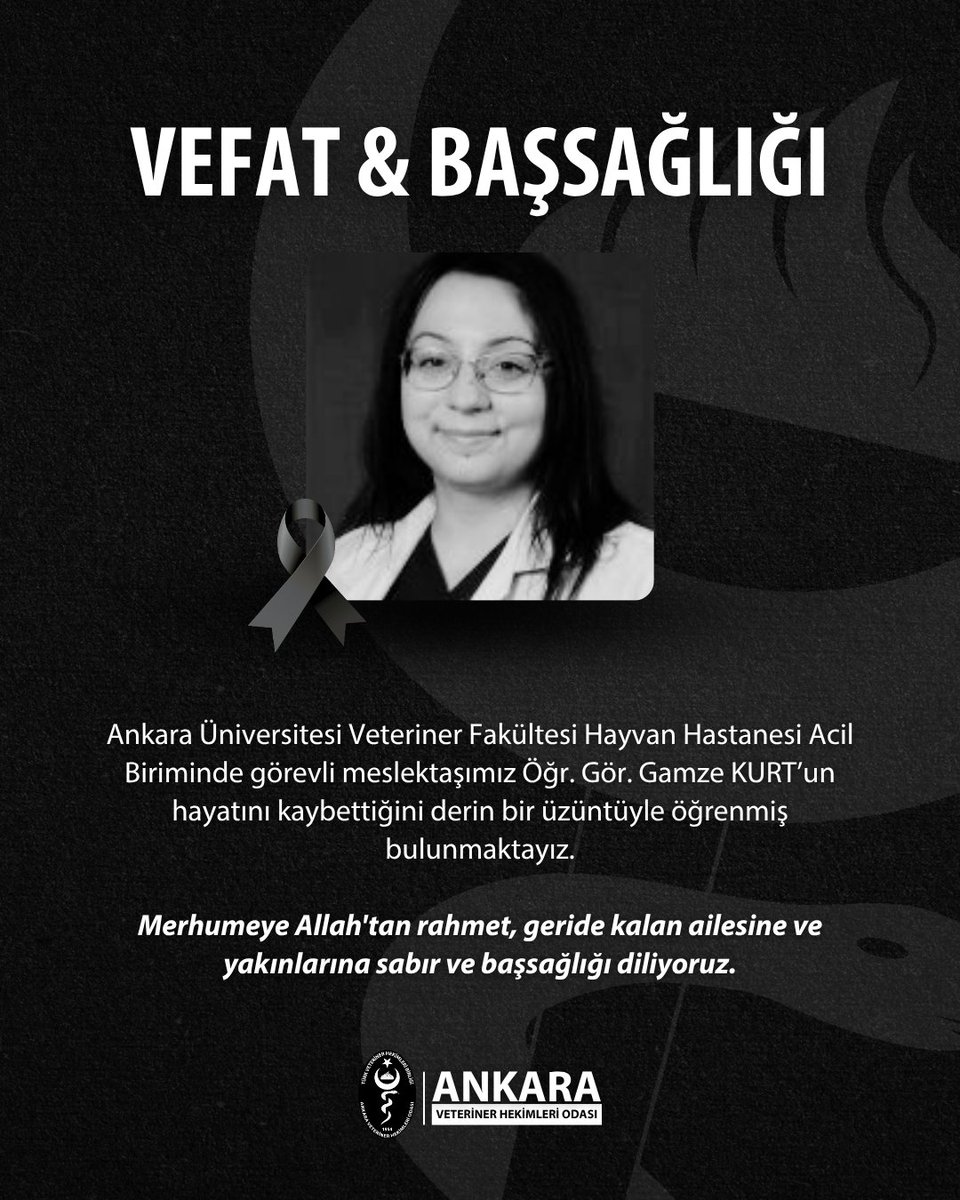 ankaravho's tweet photo. 🎗️ A.Ü. Veteriner Fakültesi Hayvan Hastanesi Acil Biriminde görevli meslektaşımız Öğr. Gör. Gamze KURT’un hayatını kaybettiğini derin bir üzüntüyle öğrenmiş bulunmaktayız.

Merhumeye Allah'tan rahmet, geride kalan ailesine ve yakınlarına sabır ve başsağlığı diliyoruz. https://t.co/XDE3d2jitB