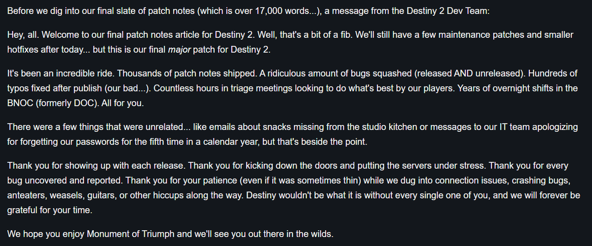 Destiny2Team's tweet photo. Patch Notes for Update 9.7.0, the one about Monument of Triumph and more, are now available:

https://t.co/H64dowAXRo https://t.co/0CI9tjPV6l