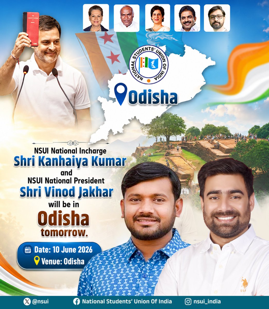 nsui's tweet photo. NSUI National Incharge Shri @kanhaiyakumar and NSUI National President Shri @VinodJakharIN will be in Odisha tomorrow.
 
Date: 10 June 2026
Venue: Odisha https://t.co/vJUJ6Vm3HZ