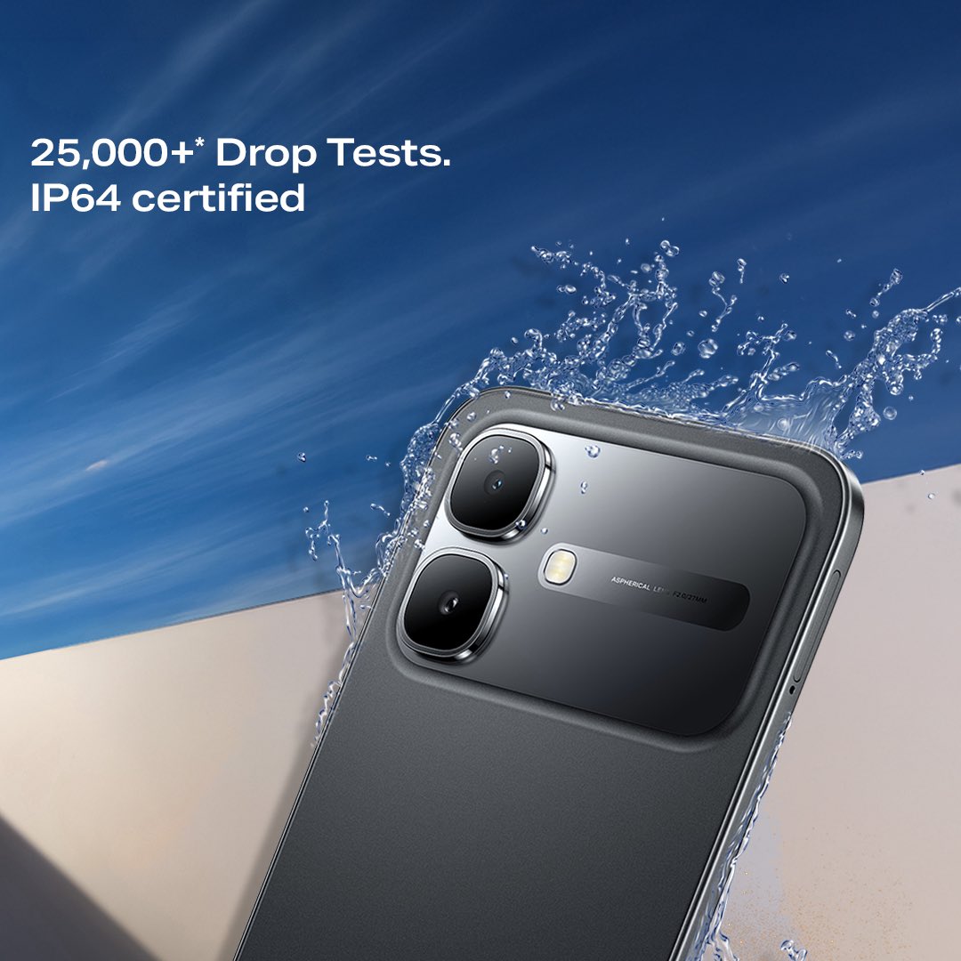 InfinixIndia's tweet photo. Most phones tap out after a few accidental drops. This one survived TWENTY-FIVE THOUSAND +💧📱

IP64 Certified.

Your Next Smart Move: Infinix Smart 20⚡️

Sale on 12th June, 12 PM. 

#YourSmartMove #InfinixSmart20 https://t.co/ZFGoVCF7wo