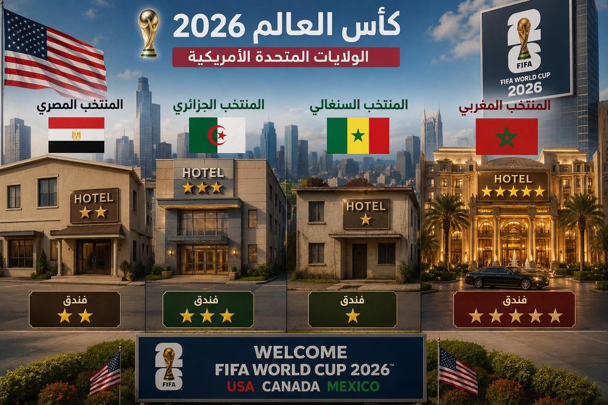 RedouanMR's tweet photo. المنتخب المغربي: فندق فاخر ومبهر من فئة 5 نجوم 💫💫💫💫💫
​المنتخب الجزائري: فندق عصري متوسط من فئة 3 نجوم 🏢✨🇩🇿.💫💫💫
​المنتخب المصري: فندق بسيط ومتواضع من فئة نجمتين 🏨 العادية 🇪🇬.💫💫
​المنتخب السنغالي: مبنى قديم جداً وصغير من فئة نجمة واحدة 🏚️🇸🇳.💫 https://t.co/Xu1ocWFhuo
