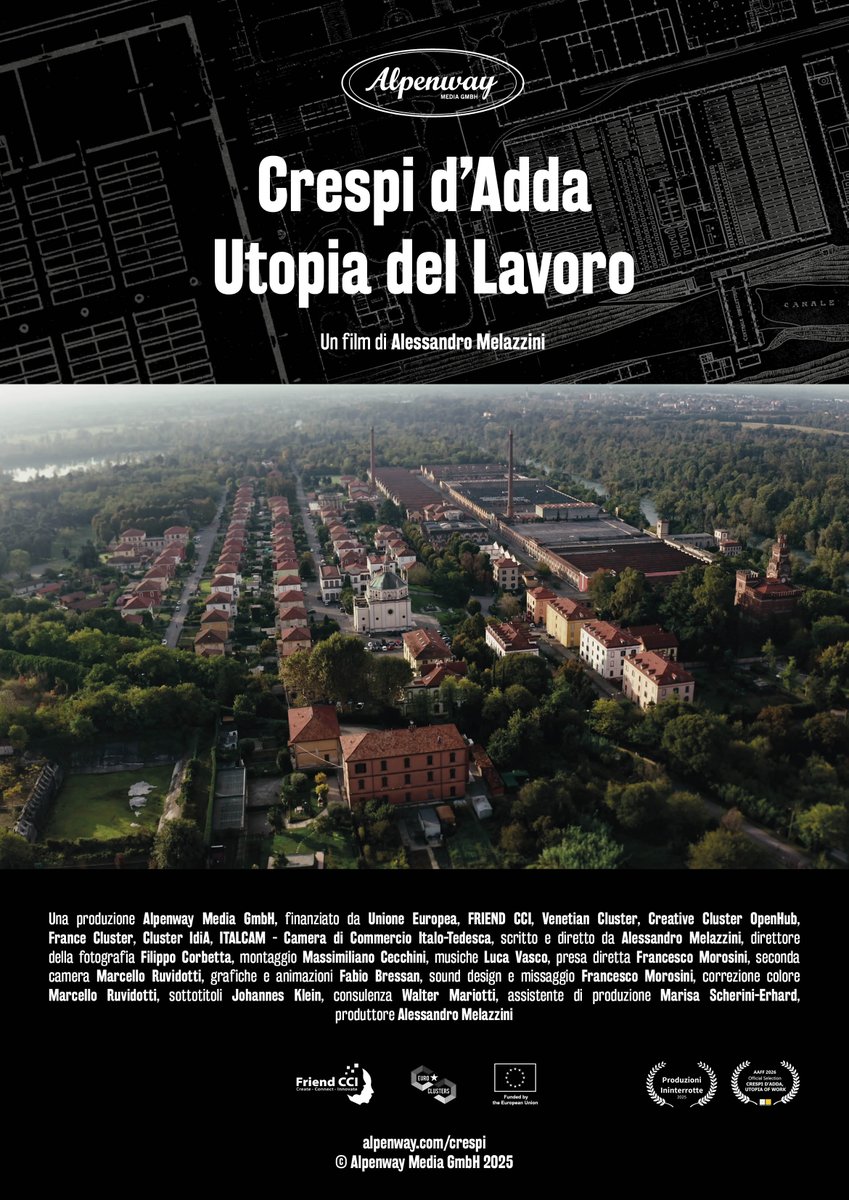 AleMelazzini's tweet photo. Crespi d'Adda: a fine Ottocento un imprenditore illuminato immaginò un villaggio dove fabbrica e case, lavoro e vita fossero una cosa sola.

Un secolo dopo quell'utopia operaia è patrimonio @UNESCO. Il documentario la attraversa per chiedersi cosa resta oggi di quel sogno paternalistico del lavoro perfetto.

Crespi d'Adda. Utopia del lavoro / Crespi d'Adda. Utopie der Arbeit
https://t.co/yzDbSwegdd

Un film di Alessandro Melazzini, prodotto da Alpenway Media GmbH, selezionato nella sezione Film about Art della 42ª edizione dell' @AsoloArt  (12-14 giugno).