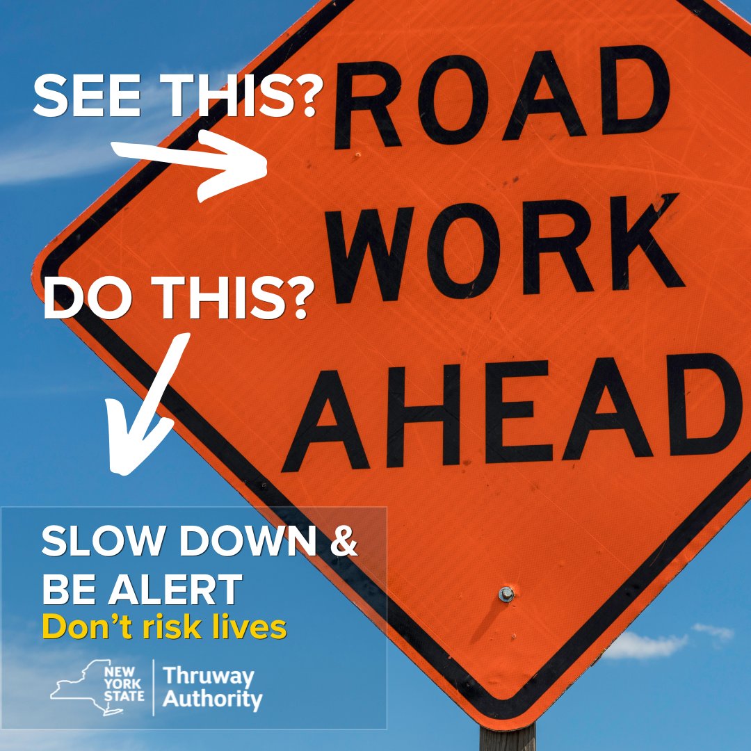 NYSThruway's tweet photo. See this? Do this.

Slow down &amp; be alert.

Behind every cone and barrier is a person counting on you. Don’t risk lives. Help us all get home safe.

#DriveSafe #WorkZoneAwareness #SafetyMatters https://t.co/xgDBlNKTfh
