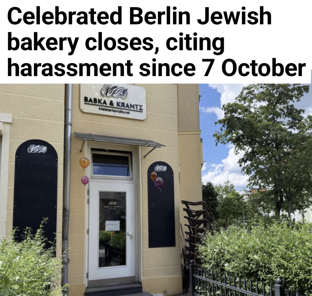 trishaposner's tweet photo. Berlin 2026: Jews forced out again. 
Heartbreaking & enraging. Celebrated Berlin Jewish bakery Babka & Krantz — run by Israeli immigrant Shahar Elkin, the first Jewish master baker accepted into the Berlin Bakers’ Guild — is closing due to relentless antisemitic harassment since 7 October.

Pro-Pal zealots drove a bridge-building success story out of business in the city of the Wannsee Conference.

This is what “protests” really mean for Jewish lives and livelihoods.

Full story: https://t.co/ZgTKmZrh0h

#Antisemitism #Berlin #NeverAgainIsNow