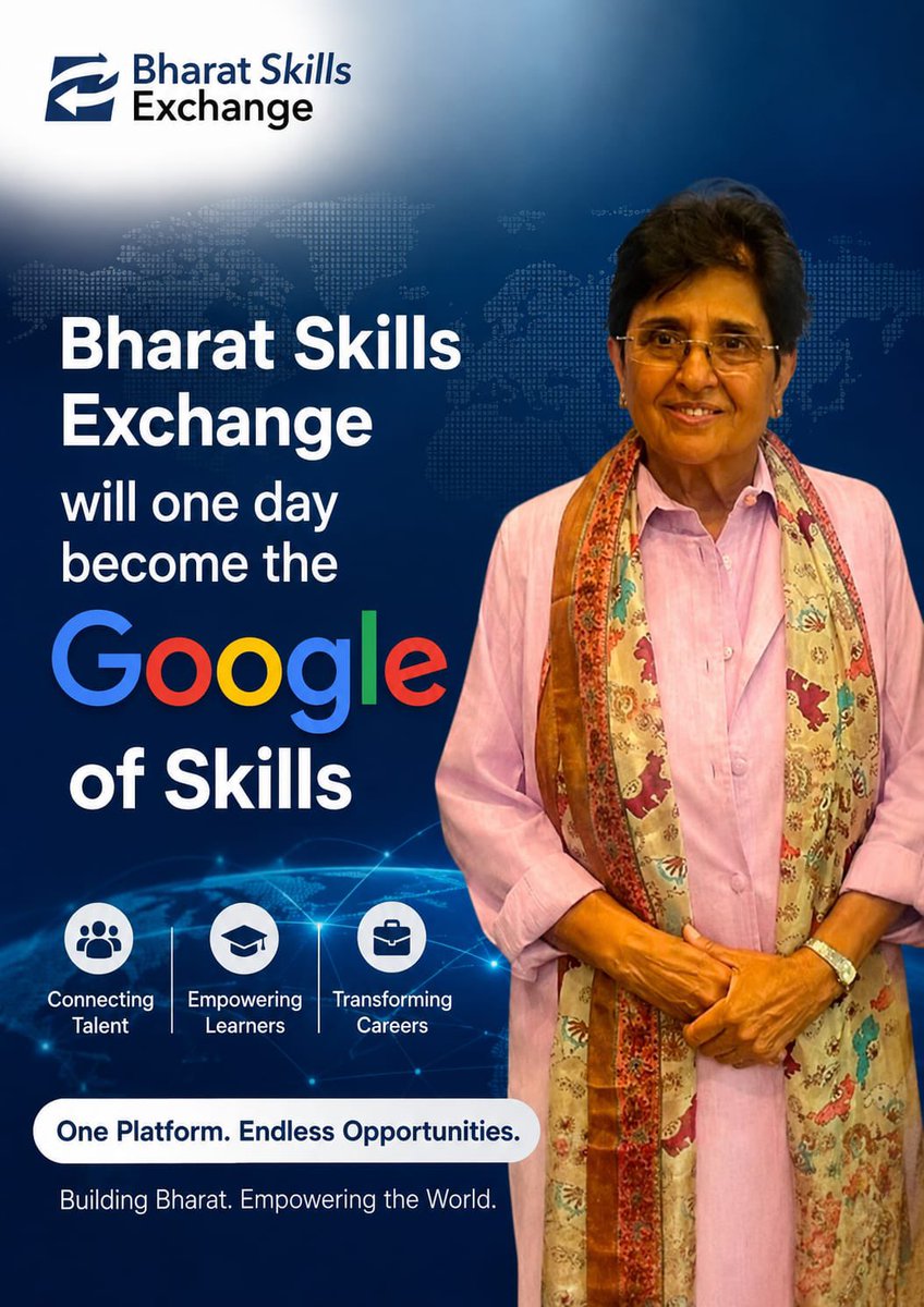 thekiranbedi's tweet photo. “I envision Bharat Skills Exchange becoming the Google of Skills—a trusted destination where anyone can discover opportunities to learn, upskill, mentor, support, or hire. A platform powered by technology, driven by transparency, and built for India’s future.” https://t.co/QMNlBnqeih