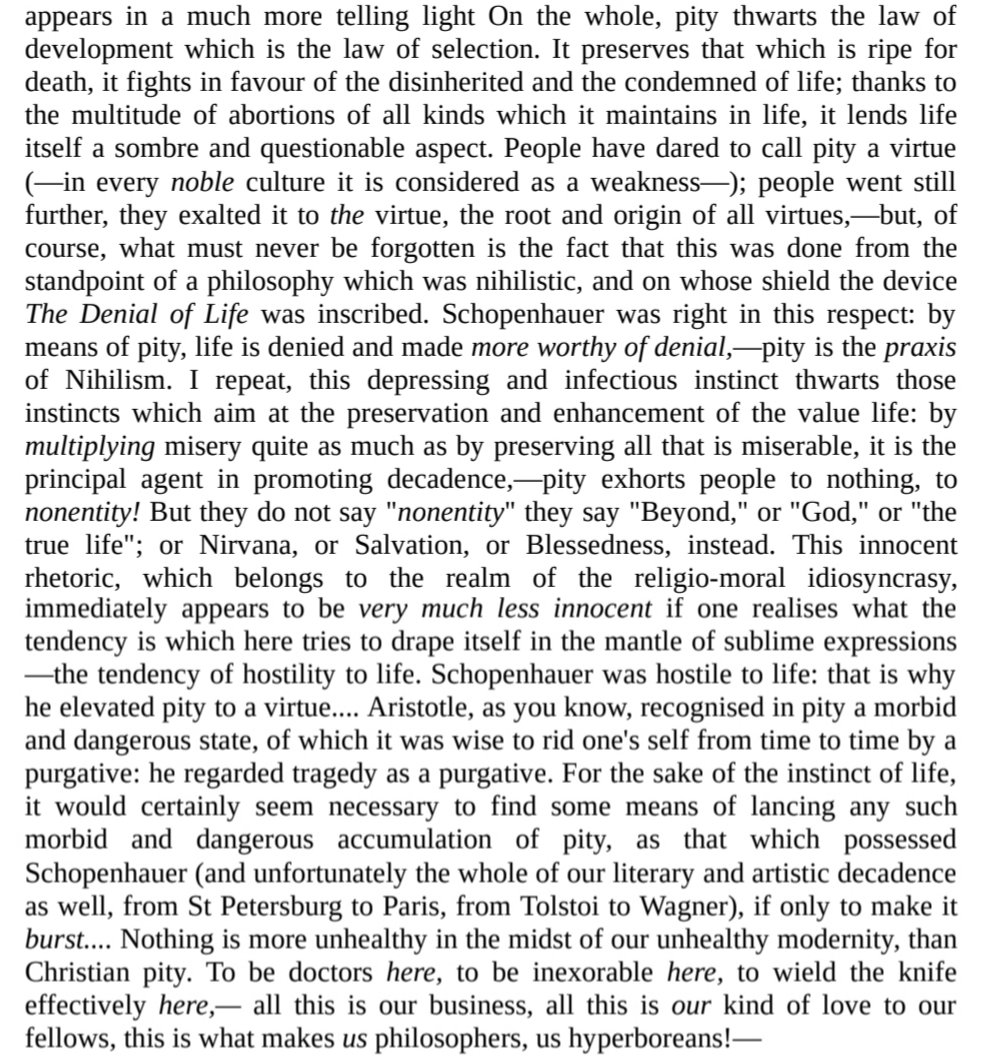 SelectivBreeder's tweet photo. Nietzsche's critique of pity in The Antichrist makes a much stronger argument in favour of abortion and euthanasia than the shopkeeper's utilitarian sentimentality about "reducing amount of suffering in the world" https://t.co/RLJMfUpgbc