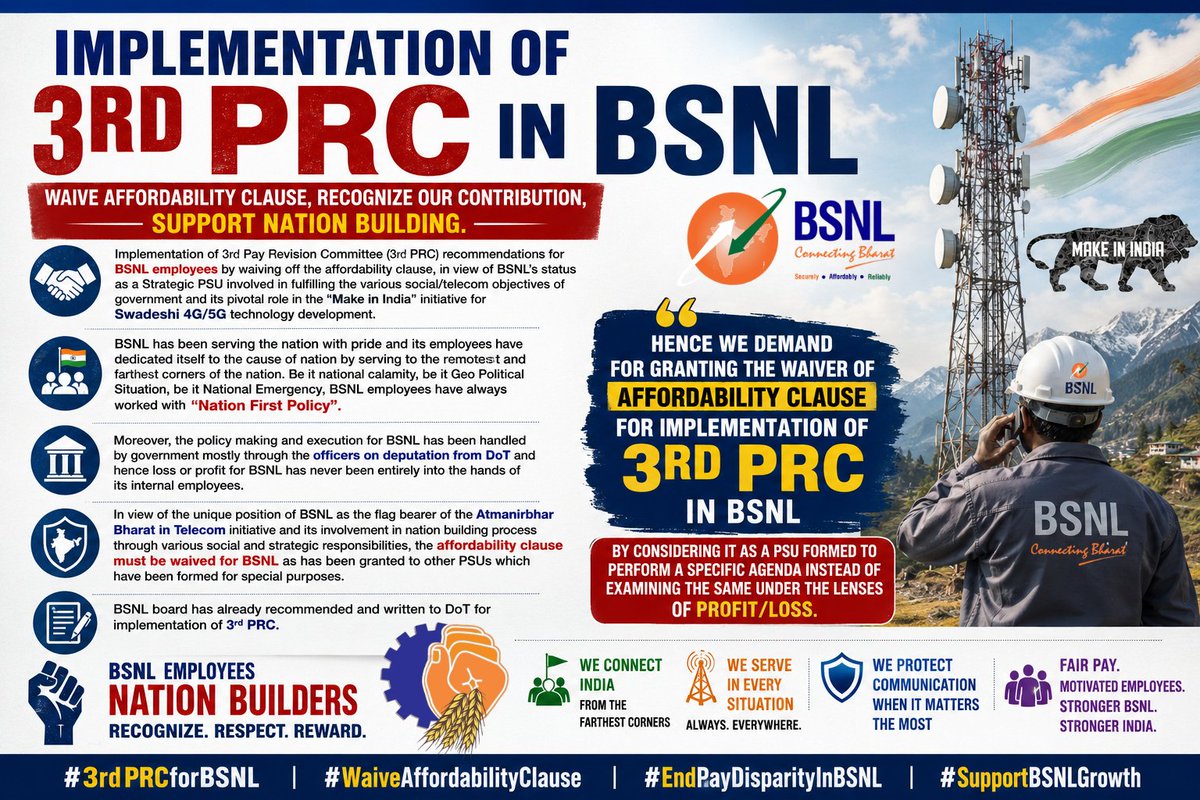 aigetoachq's tweet photo. Happy employees make a stronger BSNL. NO PRC = NO JUSTICE ❌
NO PRC = NO JUSTICE ❌ #3rdPRCforBSNL #WaiveAffordabilityClause #EndPayDisparityInBSNL #SupportBSNLGrowth #BDM #AIGETOA #BTEU #3rdPRC @PMOIndia @JM_Scindia @DoT_India @PemmasaniOnX @DrJitendraSingh @mansukhmandviya @CMDBSNL @BSNLCorporate
@ETTelecom @BDM_BSNL @BMSkendra @BmsBojji @GSAIGETOA @gsbteubsnl
#BSNLHRJustice