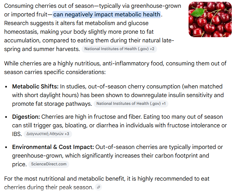 BlueLightDiet's tweet photo. Wait bruh. Eating a food "out of season" or something flown in from another part of the world can be bad for my health?

Yes.

Your body reads seasonal and light coded signals from the food you eat.

This 2018 study in Nutrients (PubMed 30115853) fed rats the exact same cherries but the cherrys were fed to the rats either “in season” or “out of season.”

What does that mean?

Rats were kept under controlled light cycles that mimic seasons (long day “summer” vs. short day “winter”). They were fed the same cherries (harvested in summer long day conditions) either “in season” (matching the rats’ current light cycle) or “out of season” (a mismatched shorter light cycle). Some rats were also on a high fat obesogenic diet.

So what happened?

Eating the cherries out of season (a photoperiod mismatch) changed gene expression and the physical structure of white fat tissue in a way that made the rats fat cells more prone to storing fat, especially when combined with a junky diet. In season cherries did not have the same effect.

Your ancestors ate with the seasons for a reason.....they didn't have giant cargo planes and ships lol. But that protected them.

Modern grocery stores and fed ex let us eat summer fruit in February and your metabolism pays a bad health toll. 

Eat local & in season gets you a better nutrient profile and your body gets the right environmental signals.

Less inflammation and better fat metabolism when your eating habits are aligned with nature instead of modern life.

Now combine this with no eating at night after the sun goes down and you will have a diet approved by the natural force that developed you over millions of years.