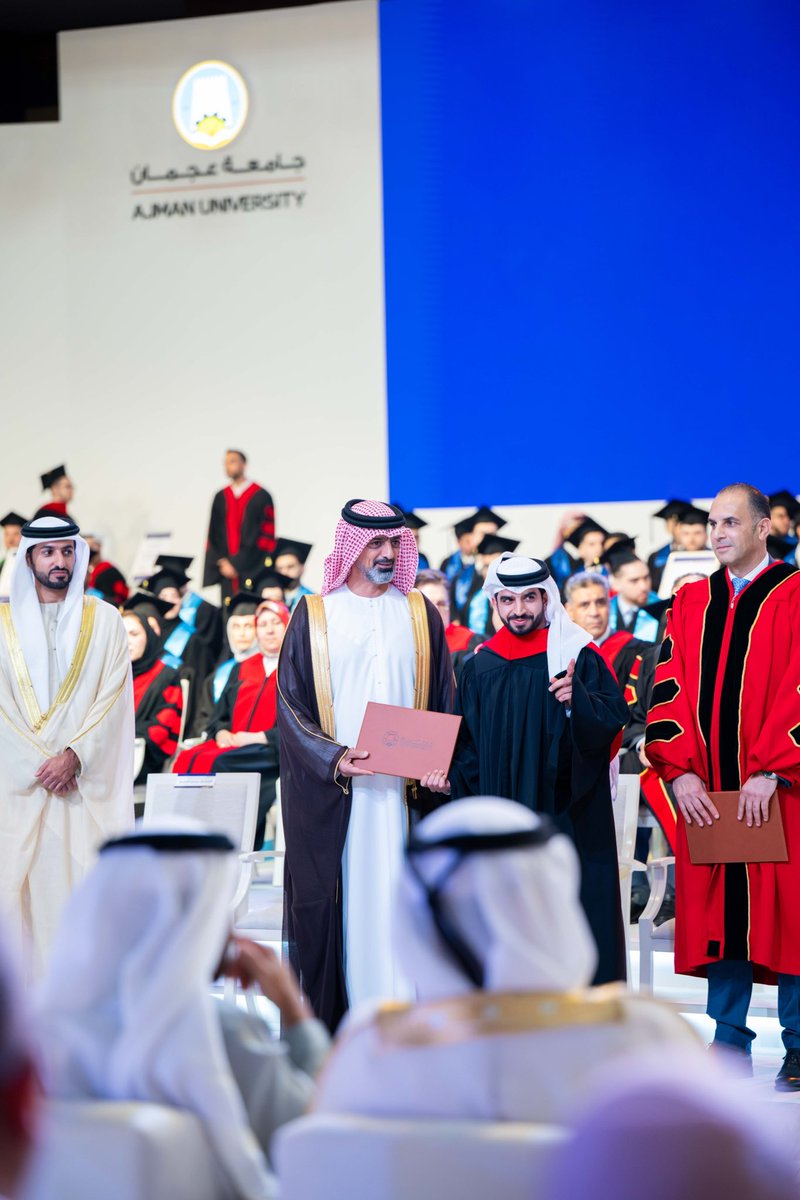 Rashidbinhumaid's tweet photo. نهنئ معالي الشيخ نهيان بن مبارك آل نهيان بمنحه درجة الدكتوراه الفخرية في الإنسانيات، تقديراً لإسهاماته الوطنية الرائدة ودوره البارز في دعم التعليم وترسيخ مسيرة التنمية في الدولة، كما نبارك لخريجي الفوج الثاني من الدفعة الخامسة والثلاثين بجامعة عجمان @AjmanUniversity «دفعة فخورين بالإمارات»، وذويهم، بمناسبة التميز والنجاح، ألف مبارك للخريجين، وتهانينا لمعاليه بالتكريم المستحق.