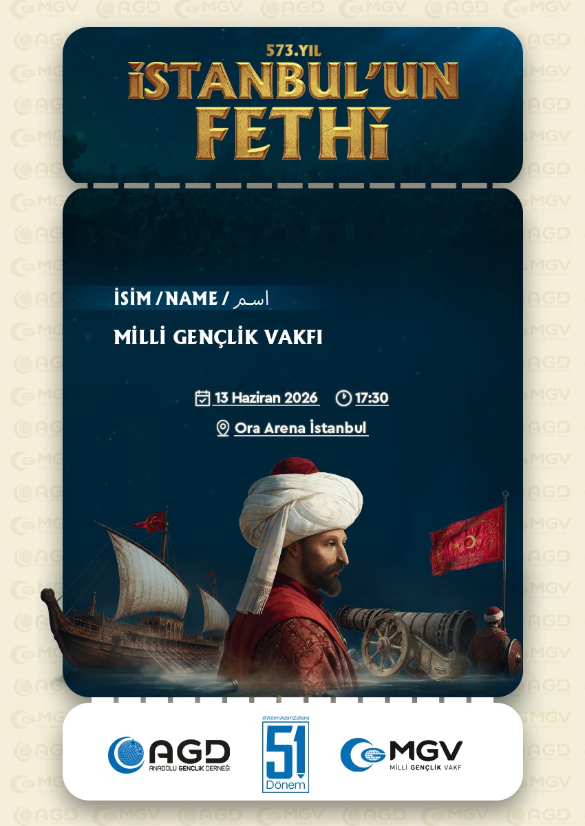 MilliGenclik's tweet photo. 📍573. yılında İstanbul'un Fethi programının hatırasını yaşatmak ve fetih heyecanına ortak olmak için e-biletinizi almayı unutmayınız!

🔗https://t.co/LS1k6y2OaQ

#AdımAdımZafere
#İstanbulunFethi https://t.co/nmFMMRSwG3