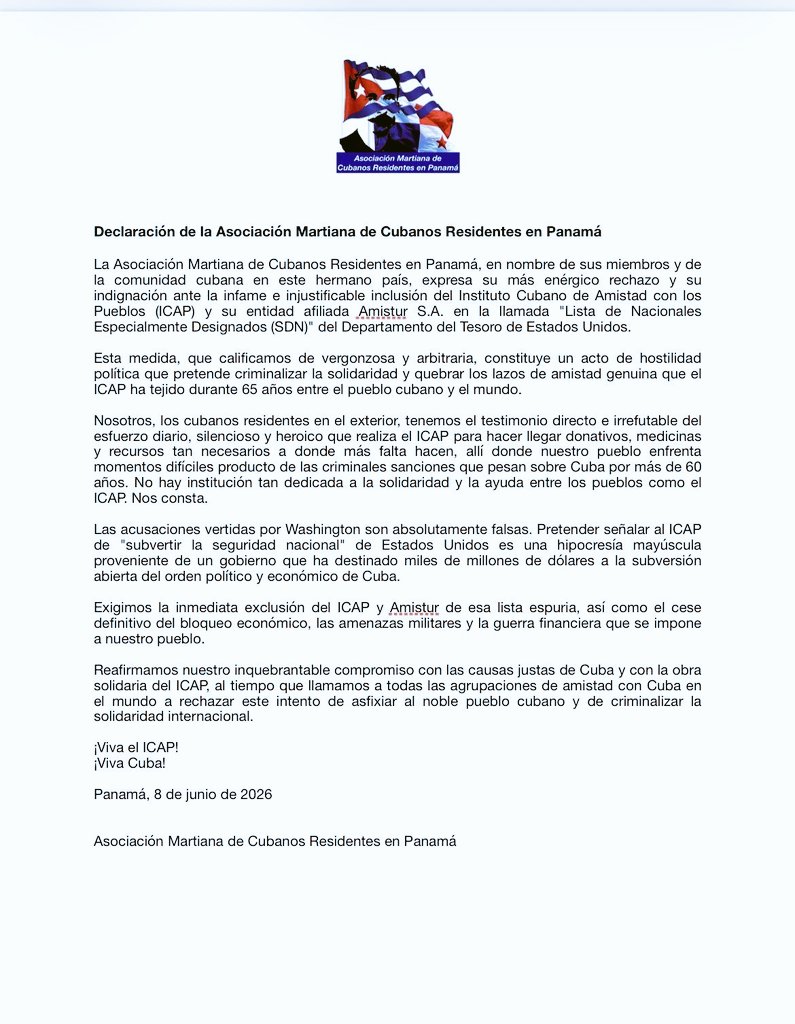 ConsuCubaPanama's tweet photo. La Asociación Martiana de Cubanos Residentes en #Panamá (Amcrp) denunció a través de una Declaración  la inclusión del Instituto Cubano de Amistad con los Pueblos (ICAP) y la entidad Amistur S.A. en la lista de sanciones del Departamento del Tesoro estadounidense. #NoMásBloqueo. https://t.co/CmkFivgt5A