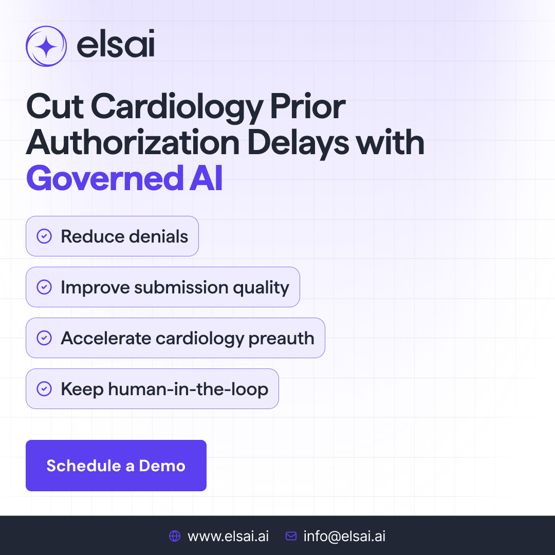 elsai_ai's tweet photo. Prior Authorization delays continue to impact cardiology teams.

The elsai Prior Authorization Agent helps identify documentation gaps, verify payer requirements, reduce denials, and accelerate submission-ready workflows.
https://t.co/1chMAL2iIa

#Cardiology #PreAuthAgent #elsai https://t.co/mIw7DVn5ve