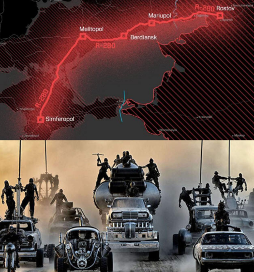 pac2rat's tweet photo. The road to Crimea through the mainland looks like something out of Mad Max.

Fuel tankers are escorted by freaks with machine guns mounted on pickup trucks, draped in all sorts of rags and shouting cringe slogans like, "God is with us!" and "We're russians, we'll go to the end!" https://t.co/SG6zT2d9qj