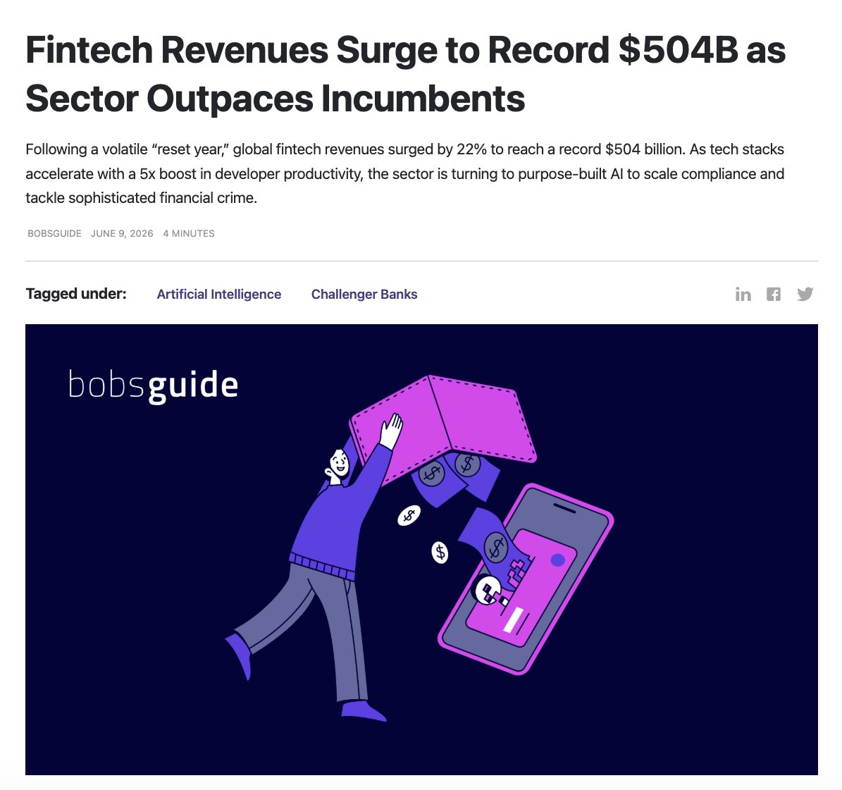 NikMilanovic's tweet photo. 🚨 JUST IN: Fintech just had its biggest year on record – $504 billion in revenue.

New Global Fintech Report from BCG + FT Partners: the sector is now growing ~4x faster than traditional incumbents.

The headline numbers:

→ $504B revenue, +22% YoY
→ Trading & investments +38%, deposits +30%
→ Equity funding $58B in 2025 (+53%) 
→ 42 fintech IPOs last year

Fintech is now 4% of all global financial-services revenue.

What's driving it looks different this time.

The report ties much of the growth to AI changing the economics: fintechs deeply integrating AI are seeing ~5x developer productivity.

And because most fintechs aren't tied to legacy core-banking systems, they can adopt those tools far faster than incumbents bolting AI onto decades-old infrastructure.

That's the story behind the number. The last cycle was growth at any cost. 

This one is being driven by speed and efficiency – leaner stacks, faster shipping, better margins.

The open question is whether the pace holds as the sector scales and regulators look closer.

Record revenue and record scrutiny tend to arrive together.