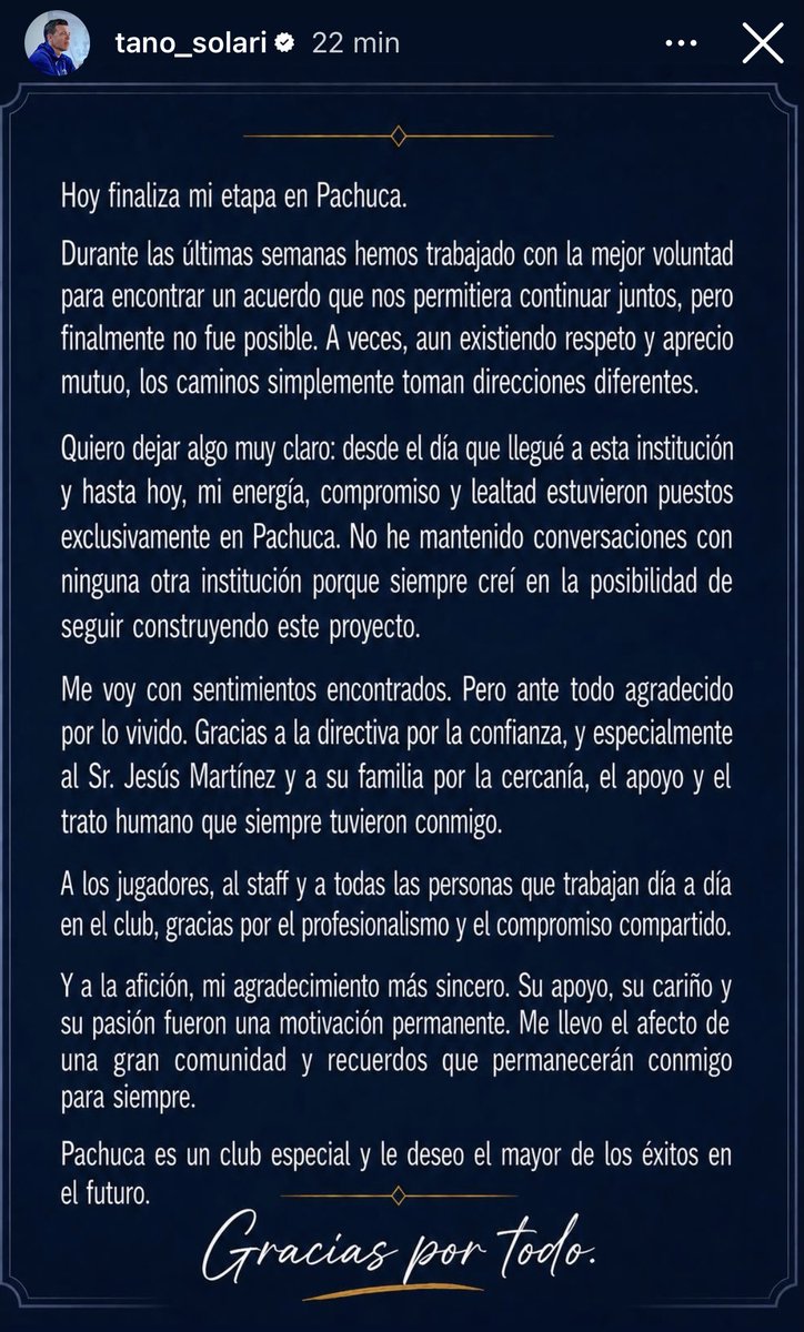 CLMerlo's tweet photo. 🚨Esteban Solari se despide de Pachuca agradeciéndole al club y aclara: "Hasta hoy, no mantuve conversaciones con ninguna otra institución porque creí en la posibilidad de seguir". https://t.co/zVhiZHZGhv