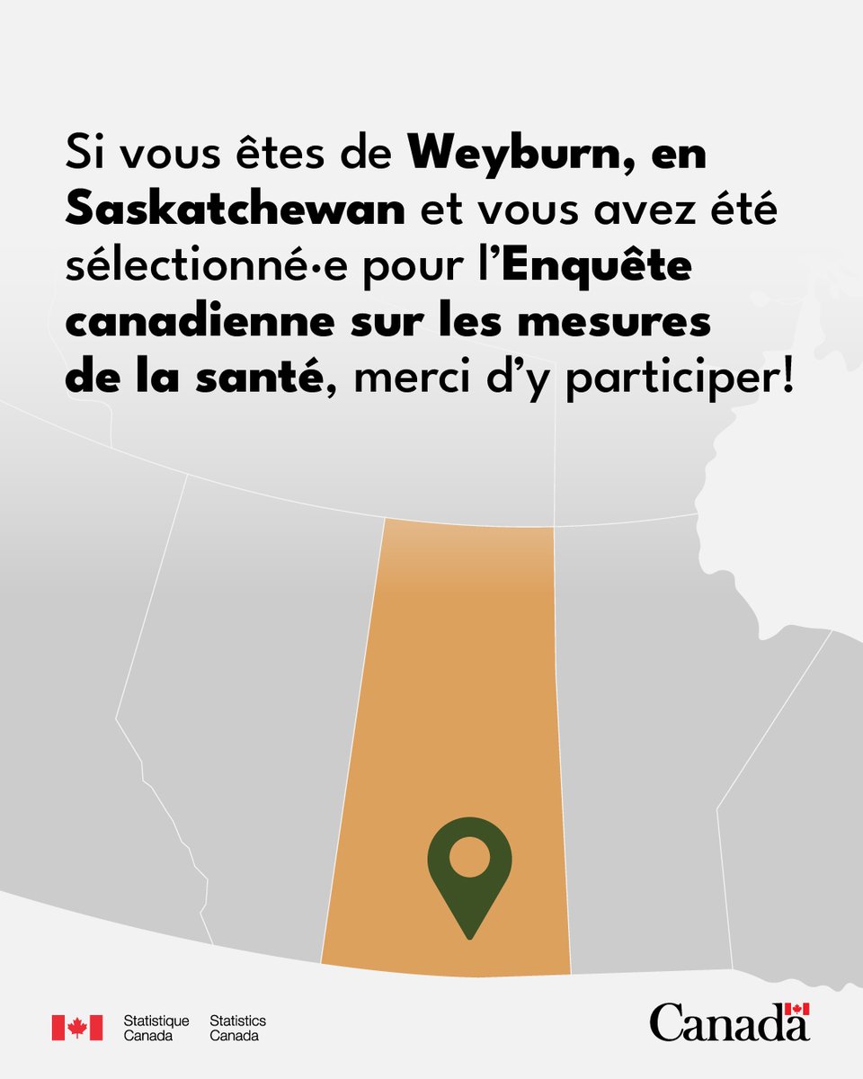 Si vous êtes de Weyburn, en Saskatchewan et vous avez été sélectionné·e pour l’Enquête canadienne sur les mesures de la santé, merci d’y participer!