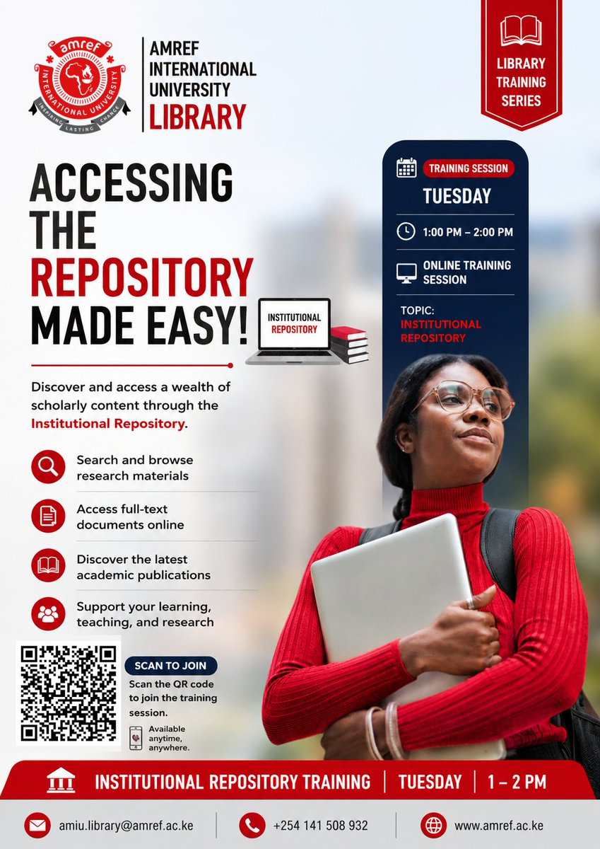 AmrefLibrary's tweet photo. Accessing the Repository Made Easy! ππ»
Looking for theses, research papers, publications, or other academic resources? Our IR provides convenient access to a wealth of scholarly content.
#InstitutionalRepository #DigitalLibrary #OpenAccess #KnowledgeSharing #LibraryServices https://t.co/Ob48WqjiY5