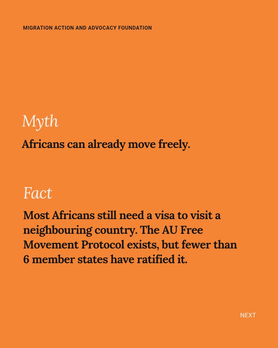 MAFmov's tweet photo. Most Africans still need a visa to visit a neighbouring country. Migration Action and Advocacy Foundation is advocating to change that through education, policy engagement, and the right narrative. Swipe through the facts. 

#FreeMoveAfrica 
#Agenda2063
#MAF https://t.co/CmH1wCmRol