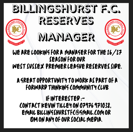 BillingshurstPC's tweet photo. Billingshurst Football Club is looking for a manager for the coming season.  If you (or someone you know) are looking for a new role within a club that is progressing well, get in contact directly.

All the details you need are on the attached poster @Billingshurstfc  ⚽️⚽️⚽️⚽️⚽️ https://t.co/m3onGr8jGk