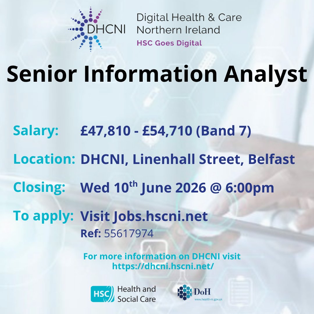HSCgoesdigital's tweet photo. Are you looking to work with a team using data to help improve health and care services in Northern Ireland?  
Then this role may be the one for you.

For more info and to apply: https://t.co/49RMssrNq1

Closing Wed 10th June at 6pm.

#HSCGoesDigital #MakingDataCount https://t.co/AvhdEsVndK