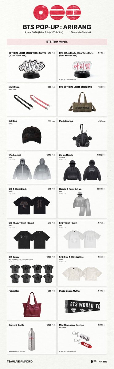 KPOPMERCH_POPUP's tweet photo. BTS POP-UP : ARIRANG IN MADRID

📢MERCH LIST

📅12 June 2026 (Fri) – 5 July 2026 (Sun) 
⏰(Mon-Thu) 11:00 - 22:00 (CEST)
     (Fri-Sun) 11:00 - 23:00 (CEST) 
📍TeamLabs/ Madrid

#BTS #방탄소년단 #BTS_ARIRANG
#BTS_POPUP https://t.co/xOM3KNvJoK