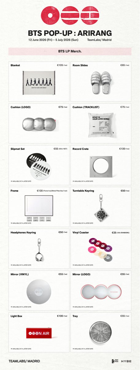 KPOPMERCH_POPUP's tweet photo. BTS POP-UP : ARIRANG IN MADRID

📢MERCH LIST

📅12 June 2026 (Fri) – 5 July 2026 (Sun) 
⏰(Mon-Thu) 11:00 - 22:00 (CEST)
     (Fri-Sun) 11:00 - 23:00 (CEST) 
📍TeamLabs/ Madrid

#BTS #방탄소년단 #BTS_ARIRANG
#BTS_POPUP https://t.co/xOM3KNvJoK