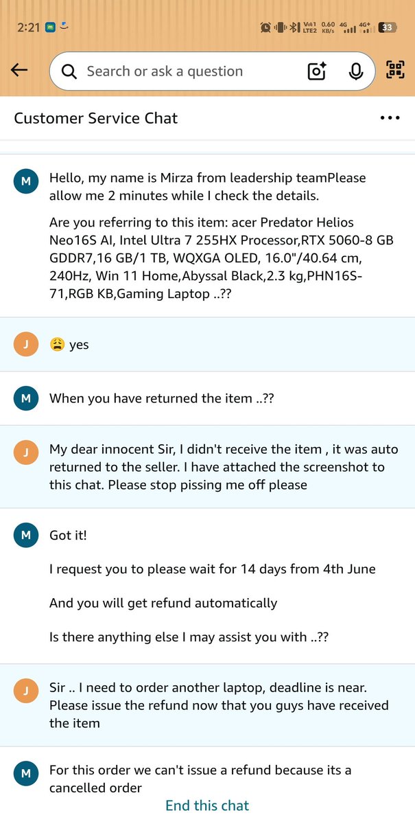 iamjakaz's tweet photo. what a brilliant service by @amazonIN first they cancelled my order, now they asking me to wait for 14 days to get the 161k back . 
First they told me refund will be initiated once they receive the product, now they are telling me this. F. Now they will ask me to dm privately. https://t.co/1MiwN4QdFM