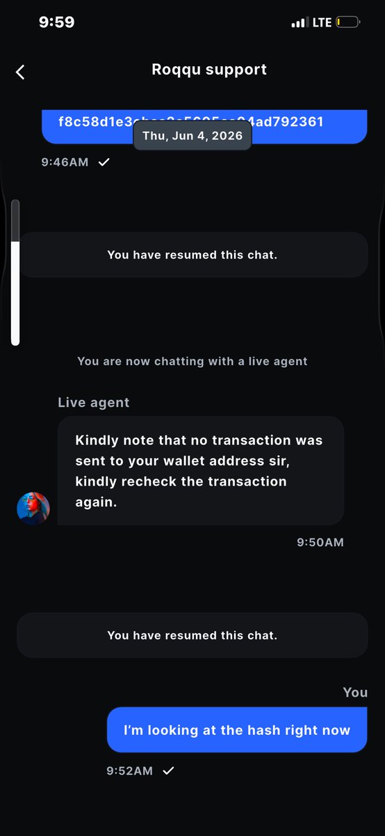 0daukile's tweet photo. @roqqupay Screenshots of my interactions with the Roqqu support from Roqqu app. https://t.co/AbF9yHkpJw