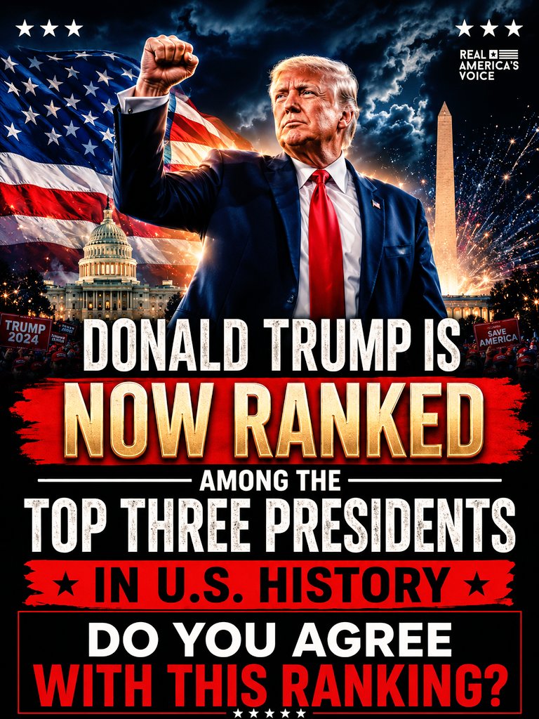 KerryHolmekb's tweet photo. 🇺🇸 Donald Trump is now ranked among the Top 3 U.S. Presidents in history! 🔥

Do you agree? 🤔

👍 YES
❤️ NO

Tell us where you'd rank him all-time! 👇💬 https://t.co/I4skeqFObx
