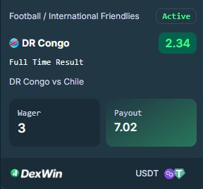 Web3Magister's tweet photo. International Friendlies football lock ⚽️ DR Congo vs Chile. Going big on DR Congo full time result. Staked a 3 $USDT wager for a sweet 7.02 $USDT potential payout on @DexWin_Sports. Capitalize on the best Betting Picks Today 🙌 https://t.co/gqecPTw33L